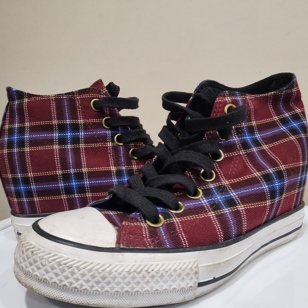 Converse Red Plaid Wedge Sneakers